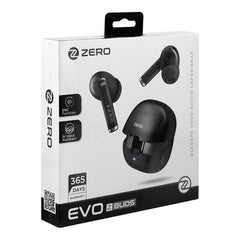 Box of EVO Z BUDS wireless earbuds with 'ZERO' branding on a white background
