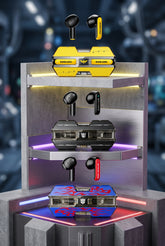 Three pairs of wireless earbuds with matching rectangular battery cases displayed on a futuristic metallic shelving unit. The top pair is yellow and black, the middle pair is black and gray, and the bottom pair is blue with red graphics.