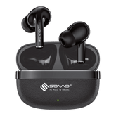 Black wireless earbuds with charging case on a white background
