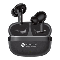 Black wireless earbuds with charging case on a white background
