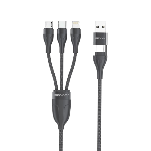 A black multi-port charging cable with a USB-A connector and three charging tips (Micro-USB, USB-C, and Lightning) on a solid white background. The brand name 'SOVO' is visible on the connector and USB plug.
