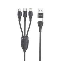 A black multi-port charging cable with a USB-A connector and three charging tips (Micro-USB, USB-C, and Lightning) on a solid white background. The brand name 'SOVO' is visible on the connector and USB plug.
