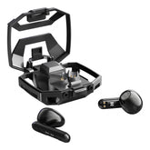 Black wireless earbuds with a matching open charging case, shown on a clean white background.