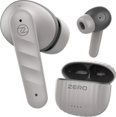 White and gray true wireless earbuds with an open charging case, shown on a clean white background. The earbuds feature a circular logo with a stylized 'Z' on the outer surface, and the case is labeled 'ZERO'.