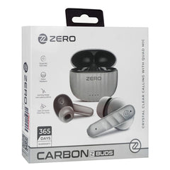 Zer0 Carbon 2 Buds True Wireless Earbuds retail packaging box, featuring the earbuds, charging case, and product details on a white background.