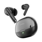 Black true wireless earbuds with a matching charging case on a solid white background. The earbuds feature the brand name 'ZERO' printed on the stem, and a small green LED light is visible on the charging case.