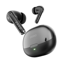 Black true wireless earbuds with a matching charging case on a solid white background. The earbuds feature the brand name 'ZERO' printed on the stem, and a small green LED light is visible on the charging case.