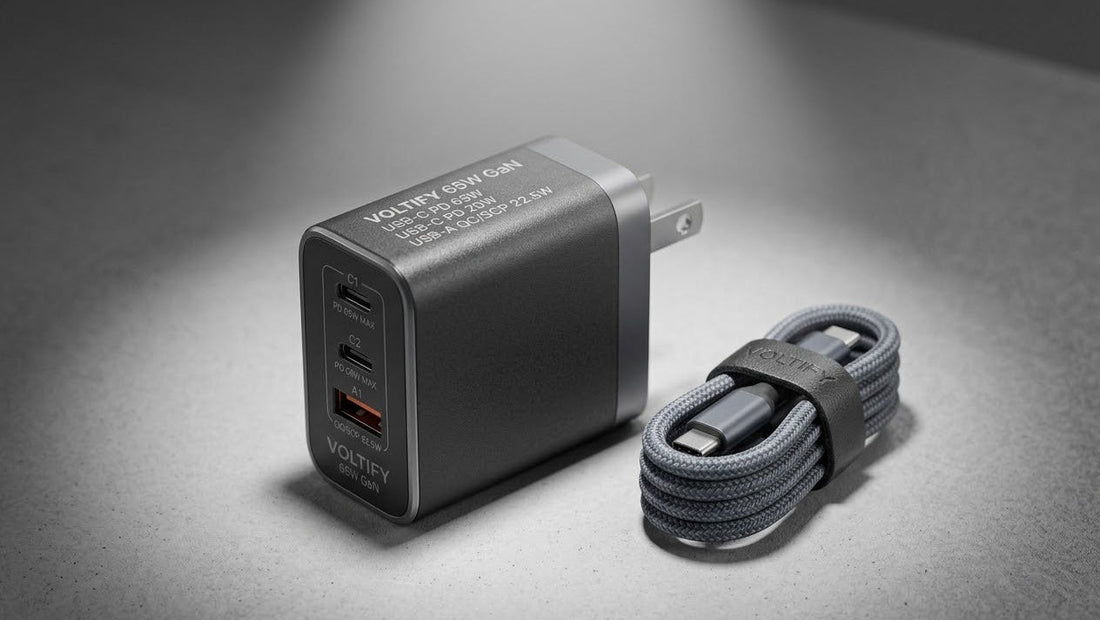 A gray Voleky car wall charger with two USB-C ports, shown next to a matching gray braided cable on a gray surface under spotlighting.