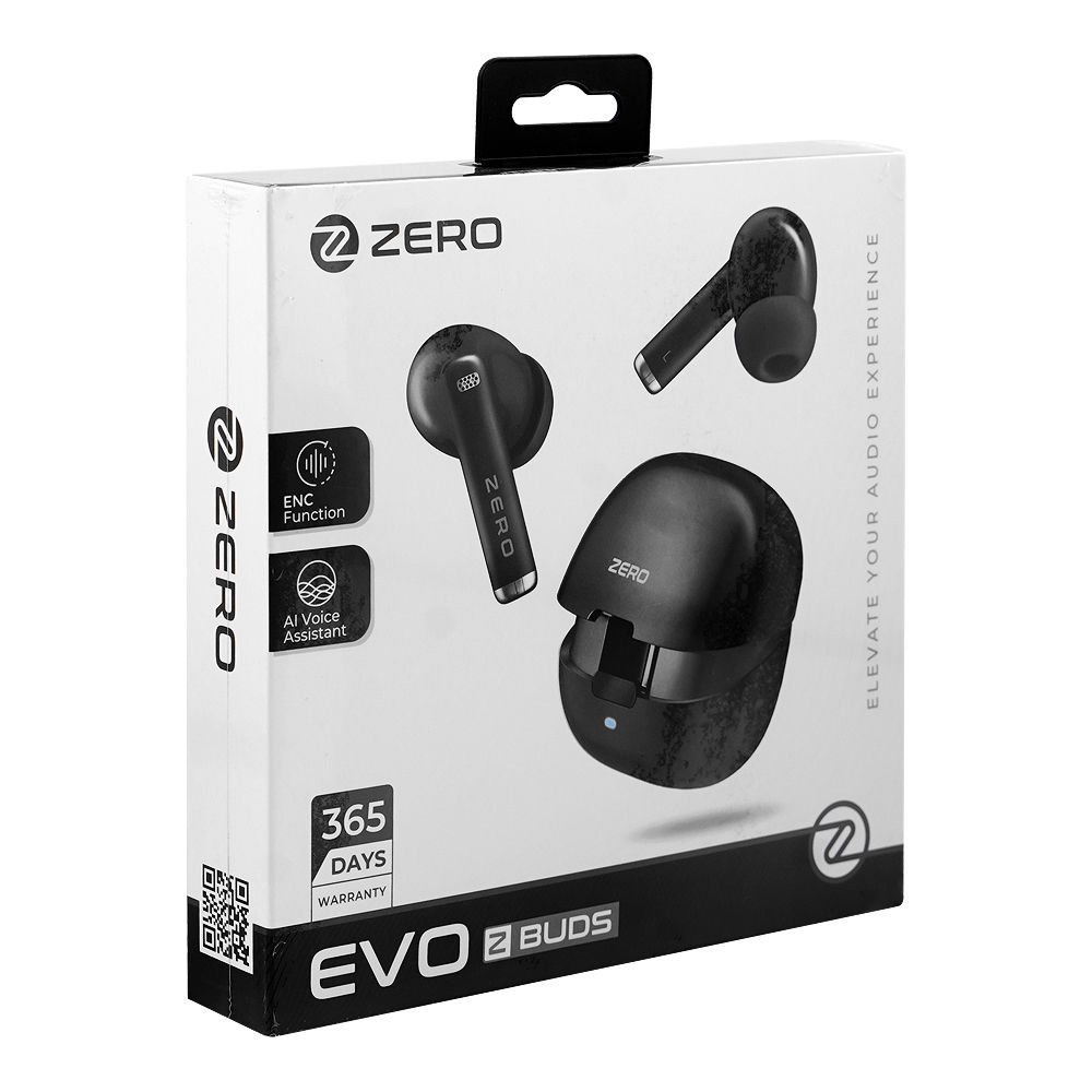 Box of EVO Z BUDS wireless earbuds with 'ZERO' branding on a white background