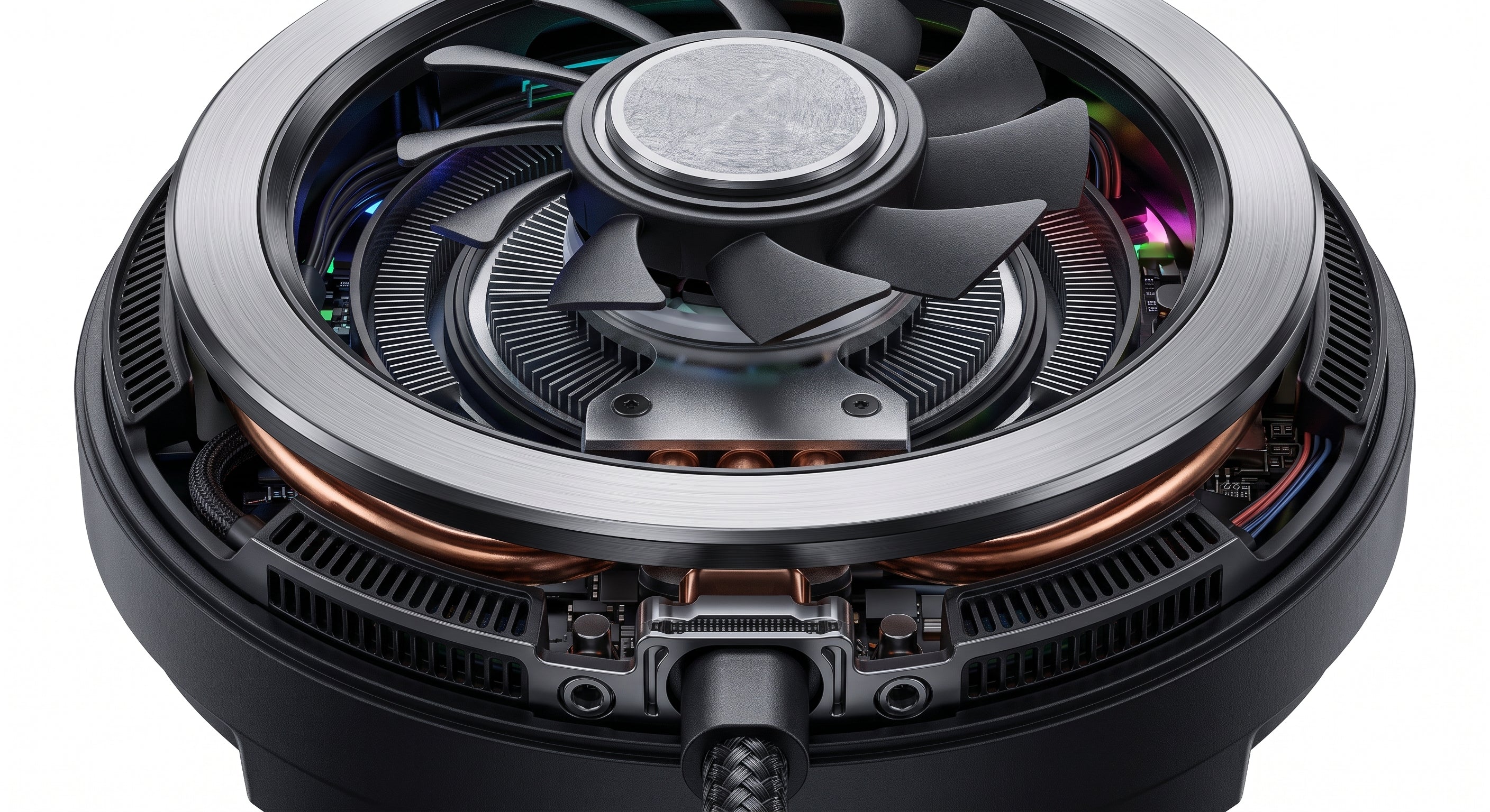 A close-up of a high-performance CPU cooler with a black multi-fan radiator, a silver metallic top plate, copper heat pipes, and RGB lighting accents on a white background.