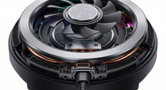 A close-up of a high-performance CPU cooler with a black multi-fan radiator, a silver metallic top plate, copper heat pipes, and RGB lighting accents on a white background.