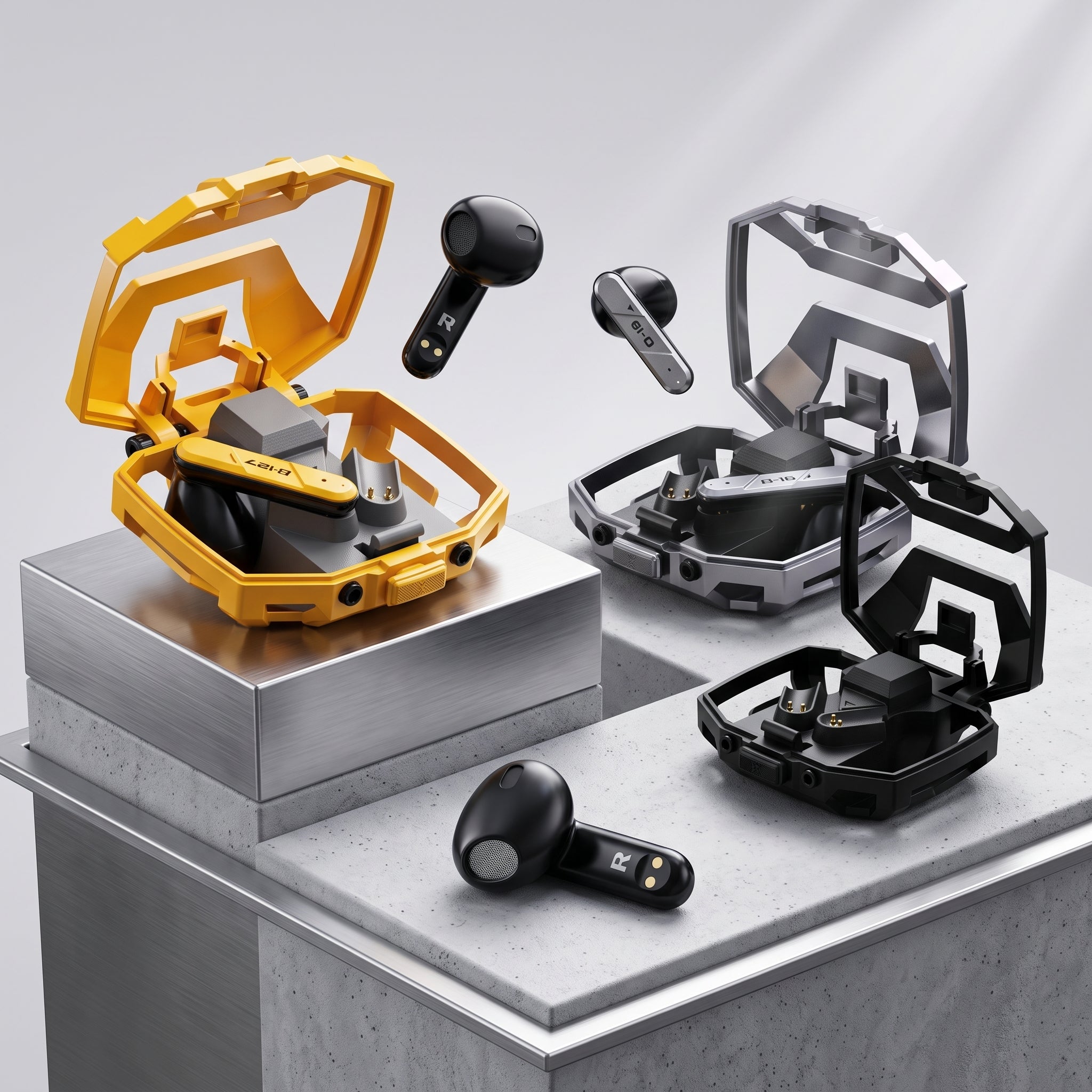 Three pairs of true wireless earbuds with open protective cases are displayed on a modern gray pedestal. The earbuds and cases come in yellow, silver, and black colorways.