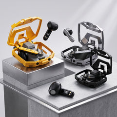 Three pairs of true wireless earbuds with open protective cases are displayed on a modern gray pedestal. The earbuds and cases come in yellow, silver, and black colorways.