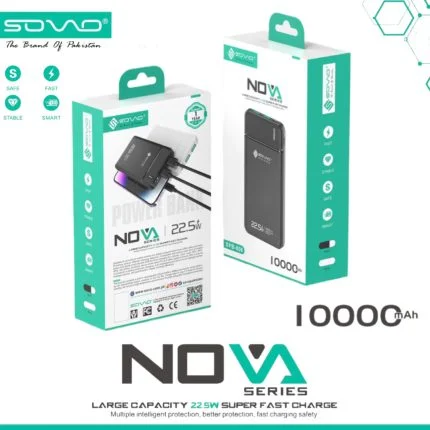 SOVAO NOVA 10000mAh portable power bank retail packaging shown on a white background, with the product pictured on the box and large text reading 10000mAh and NOVA SERIES.