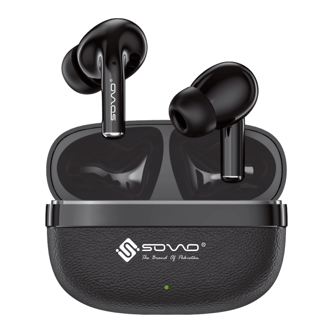 Black wireless earbuds with charging case on a white background