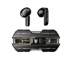 Black Shocwave Transformers wireless earbuds shown above their matching transparent and black charging case on a white background.