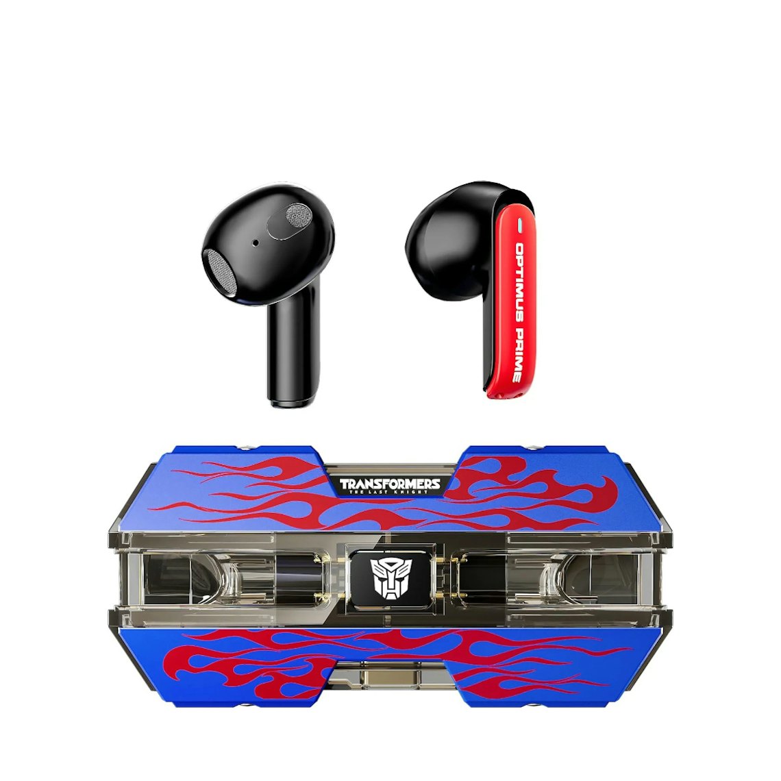 Black wireless earbuds with a red and blue Transformers-themed protective case featuring red flame decals and a central Autobot logo, shown on a white background.