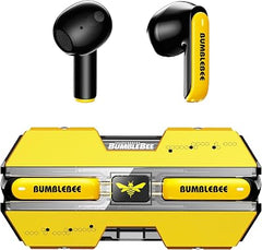 Black and yellow wireless earbuds with a matching yellow charging case, featuring 'Bumblebee' branding and a bumblebee logo, shown on a white background.