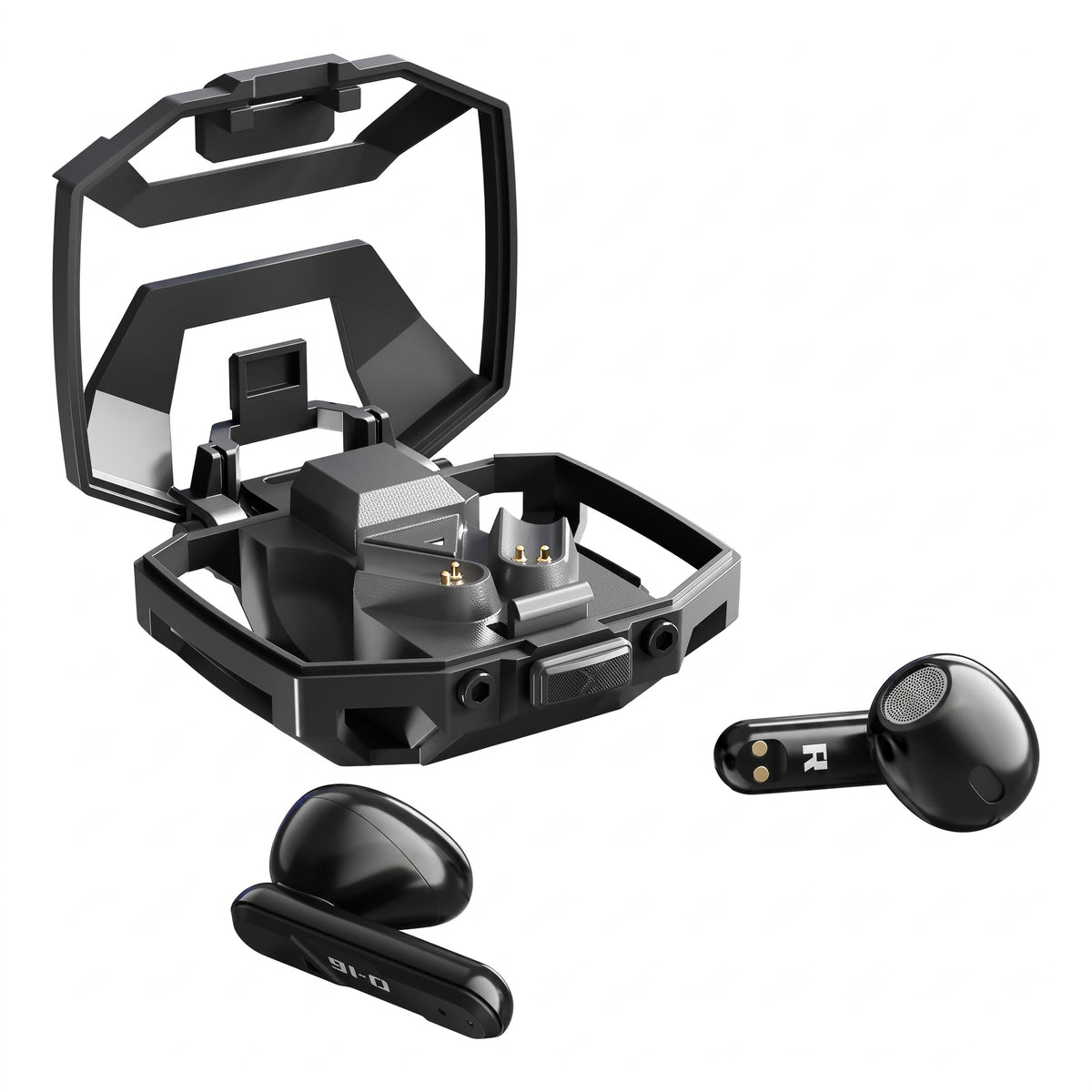 Black wireless earbuds with a matching open charging case, shown on a clean white background.