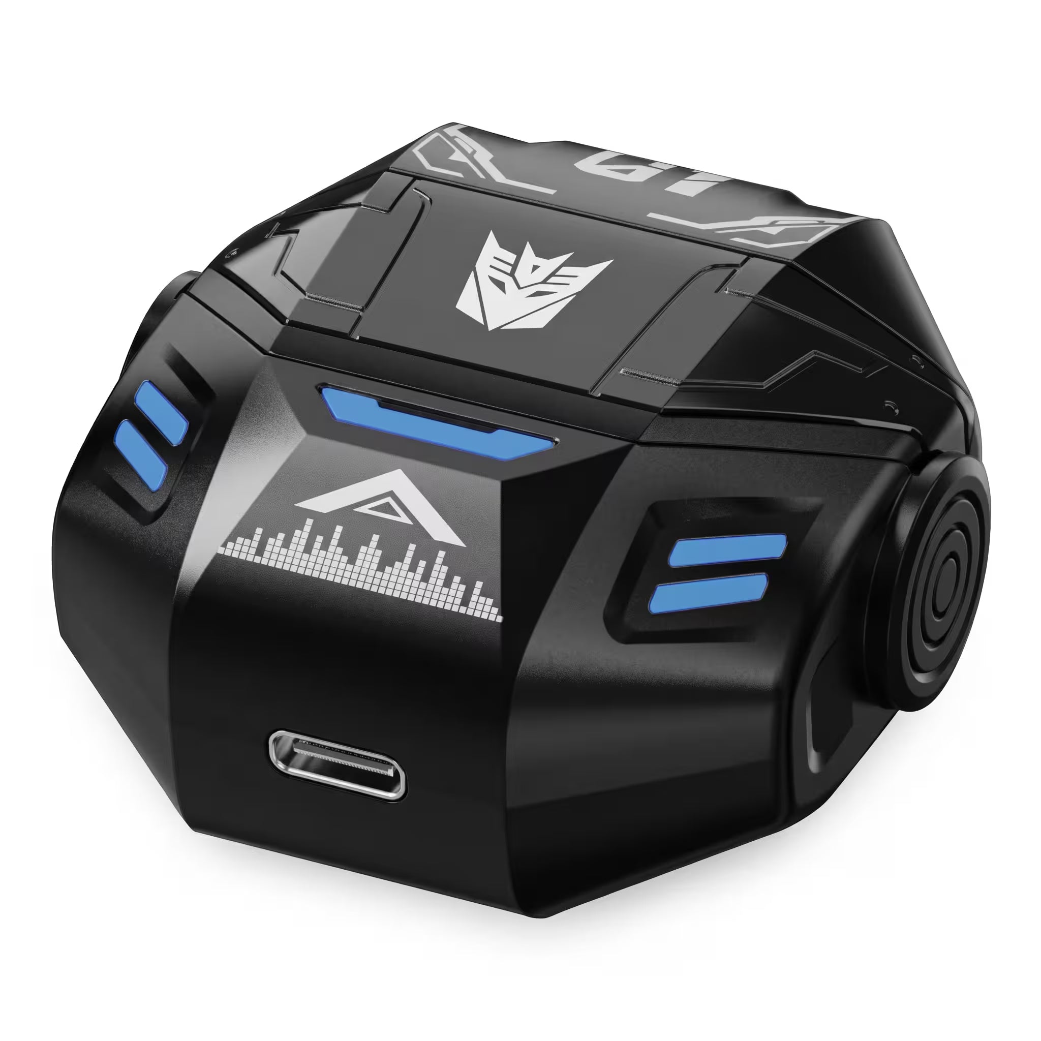 A black futuristic electronic device with blue accent panels, a white Decepticon-style logo on top, and a USB-C port on the front, shown on a plain white background.
