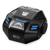 A black futuristic electronic device with blue accent panels, a white Decepticon-style logo on top, and a USB-C port on the front, shown on a plain white background.