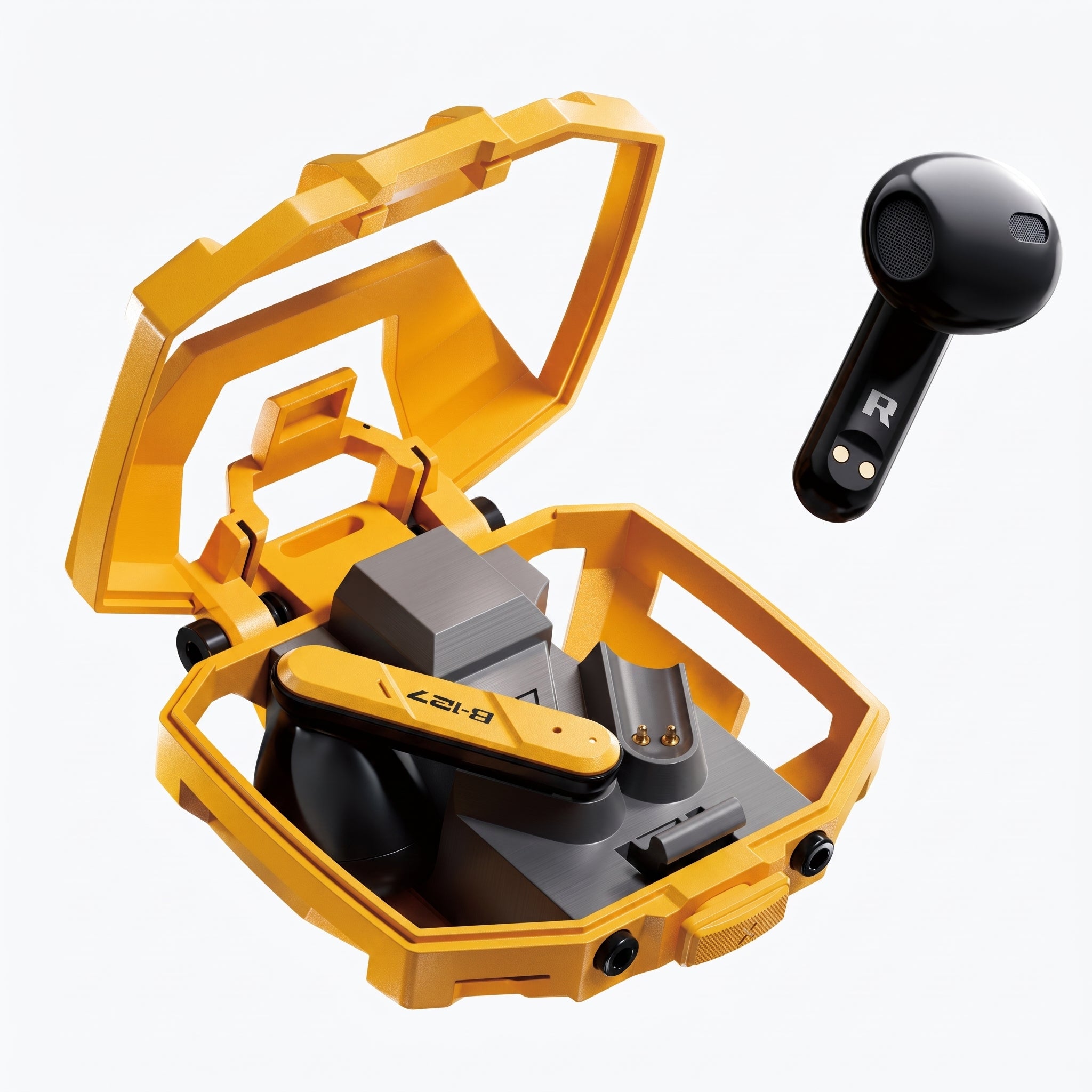 A pair of black wireless earbuds shown beside an open bright yellow charging case on a clean white background.