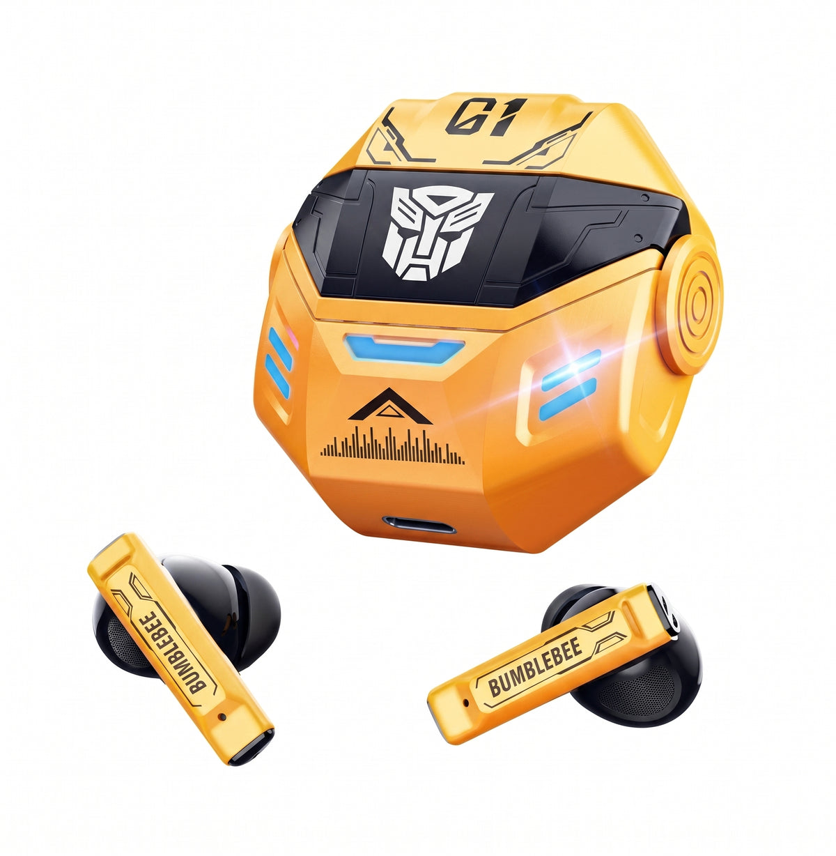 A pair of yellow and black wireless earbuds with a matching yellow charging case, featuring a stylized Decepticon-inspired design with the Autobot logo and the word 'BUMBLEBEE' on the earbuds, shown on a plain white background.