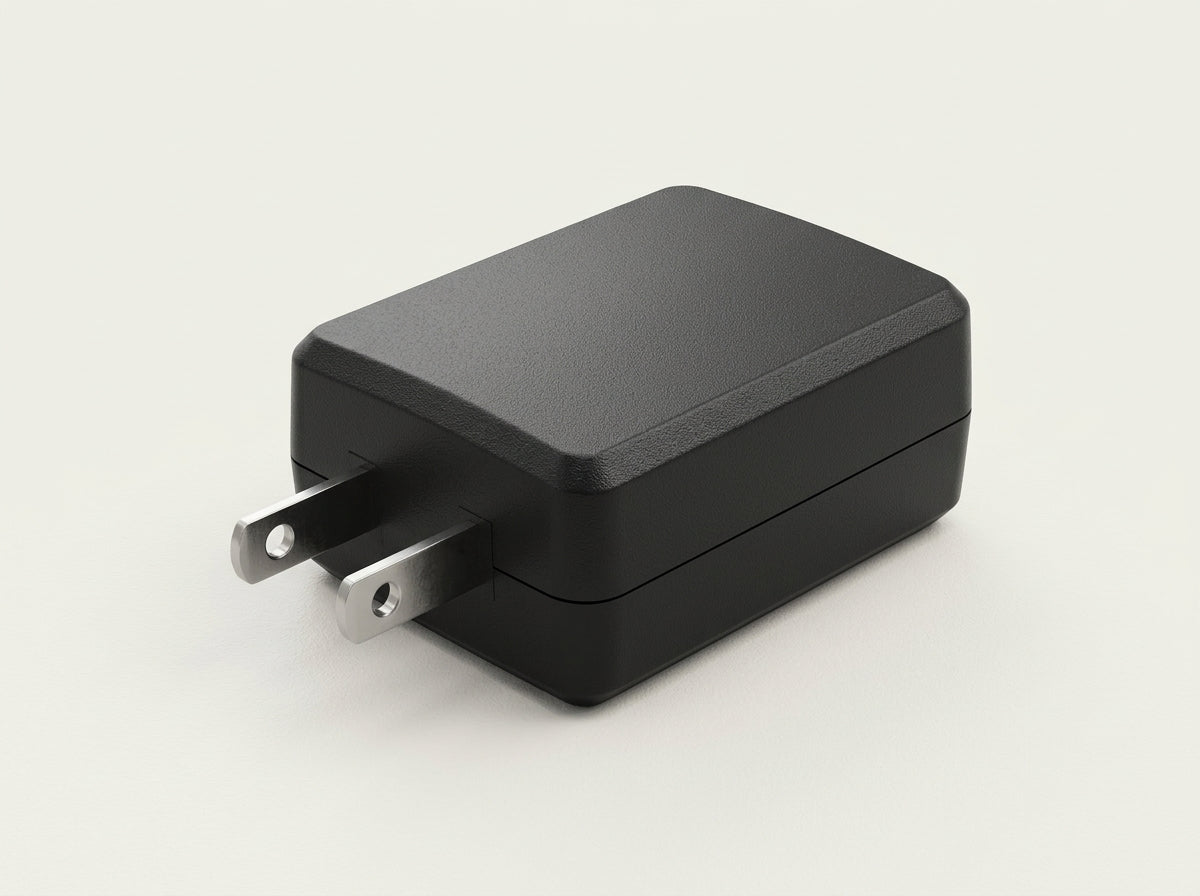 A black rectangular wall charger adapter with a two-prong US plug, shown on a clean off-white background.