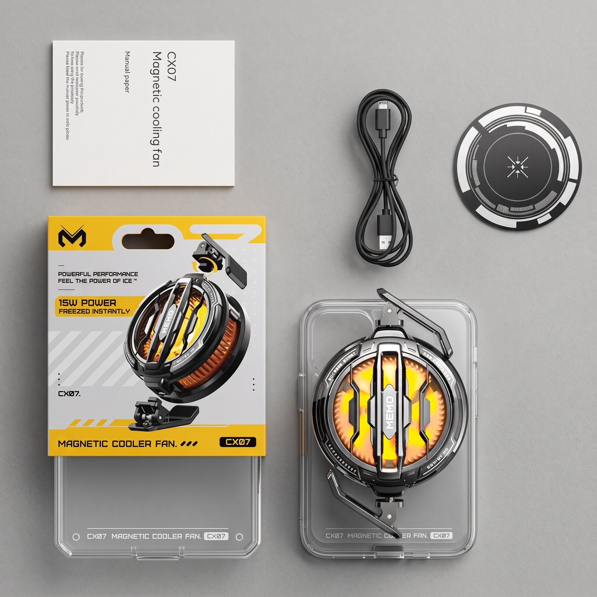 Magnetic cooler fan CX07 shown with its retail box, USB cable, mounting ring, and instruction card on a light gray background.