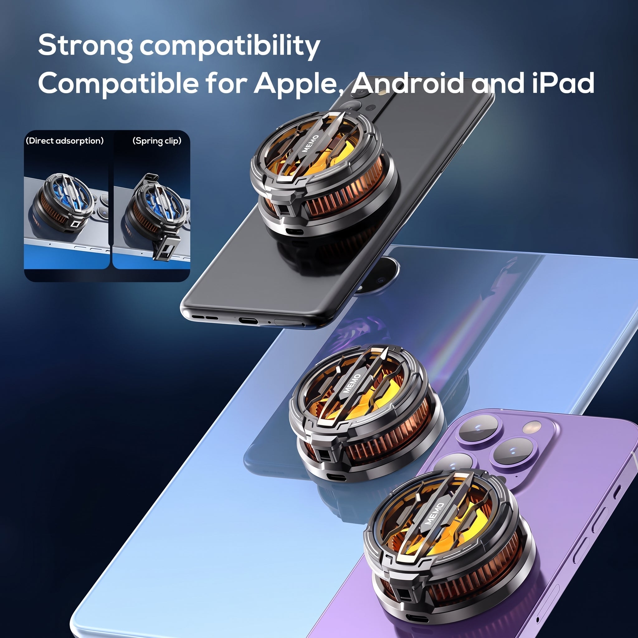 A promotional graphic showing a metallic phone accessory mounted on three smartphones in different colors: black, blue, and purple. The accessory has a silver outer ring with copper-orange inner rings and yellow accents.