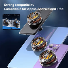 A promotional graphic showing a metallic phone accessory mounted on three smartphones in different colors: black, blue, and purple. The accessory has a silver outer ring with copper-orange inner rings and yellow accents.