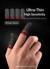 A hand wearing two nubia Gaming Accessories ultra-thin high sensitivity finger sleeves, with four additional sleeve graphics shown at the top against a dark textured background.