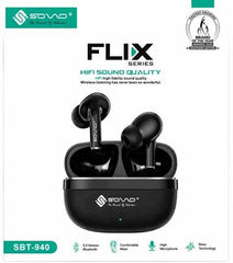 Black SOVO Flix Series SBT-940 true wireless earbuds in their charging case, presented on a white background with product branding, feature icons, and certification logos.