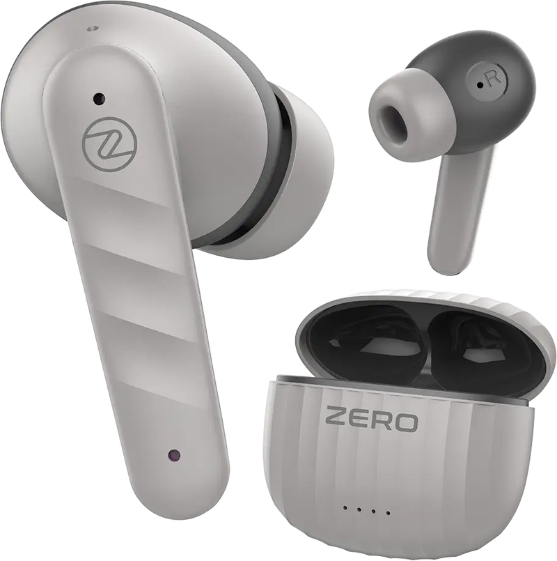 White and gray true wireless earbuds with an open charging case, shown on a clean white background. The earbuds feature a circular logo with a stylized 'Z' on the outer surface, and the case is labeled 'ZERO'.