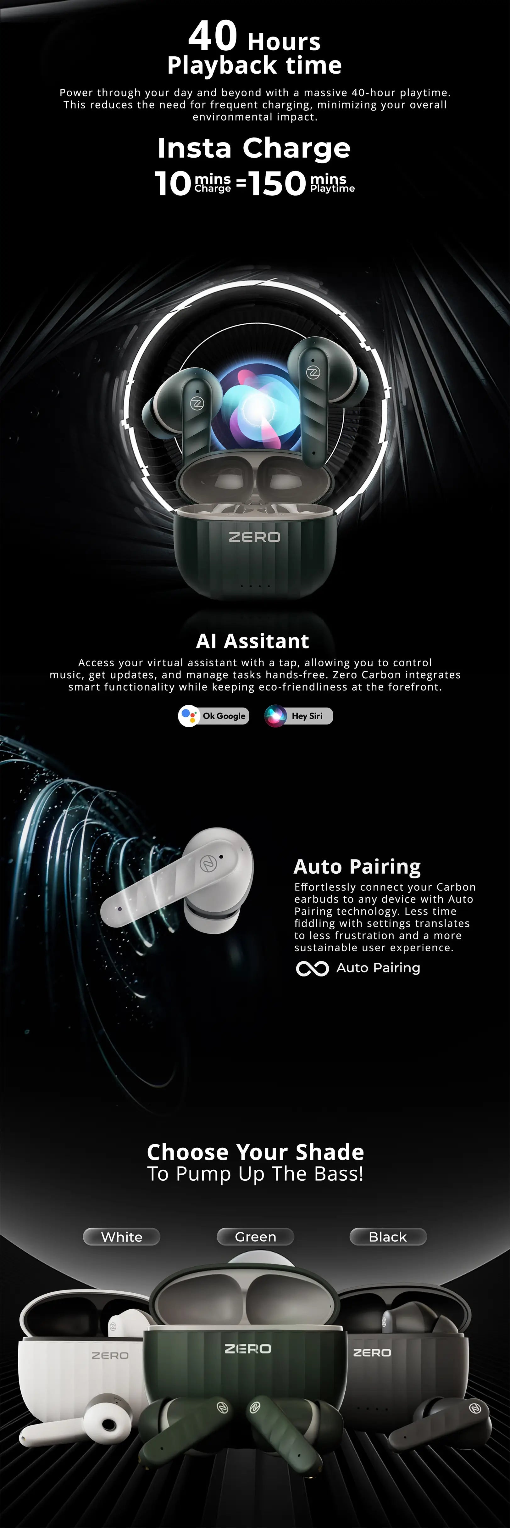 Promotional infographic for a pair of wireless earbuds showing the charging case with a glowing ring, text callouts for 40 hours playback time, AI assistant, auto pairing, and shade customization, plus multiple color options at the bottom.