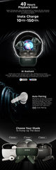 Promotional infographic for a pair of wireless earbuds showing the charging case with a glowing ring, text callouts for 40 hours playback time, AI assistant, auto pairing, and shade customization, plus multiple color options at the bottom.