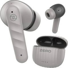 White and gray true wireless earbuds with an open charging case, shown on a clean white background. The earbuds feature a circular logo with a stylized 'Z' on the outer surface, and the case is labeled 'ZERO'.