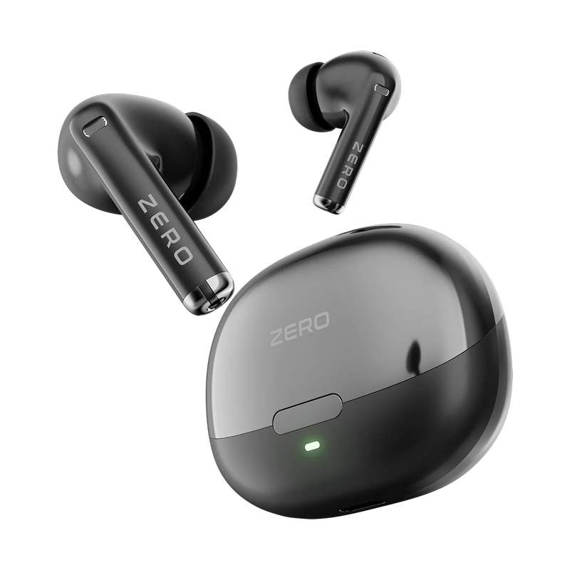 Black true wireless earbuds with a matching charging case on a solid white background. The earbuds feature the brand name 'ZERO' printed on the stem, and a small green LED light is visible on the charging case.
